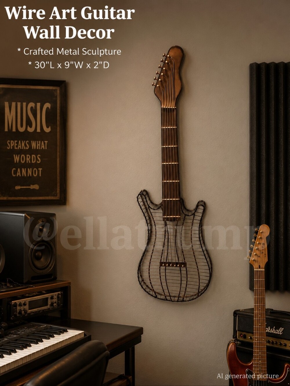 Wire Art Guitar Wall Decor 30x9x2"